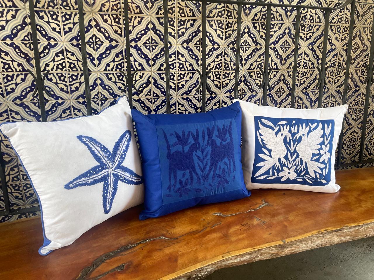 Cojín Otomí Bordado Flora y Fauna Con Marco