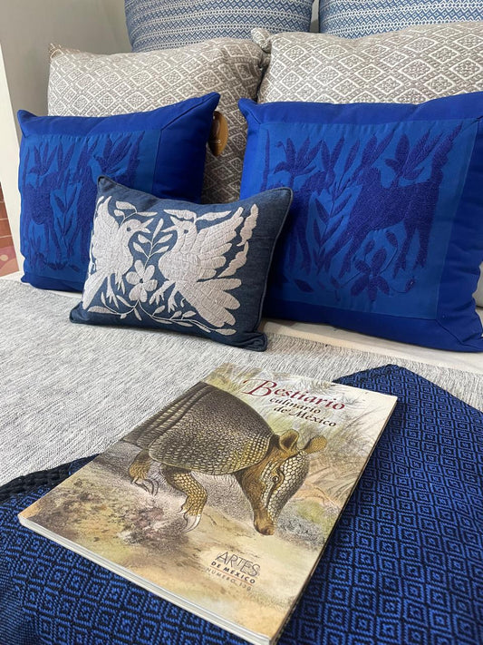 Cojín Otomí Bordado Flora y Fauna Con Marco