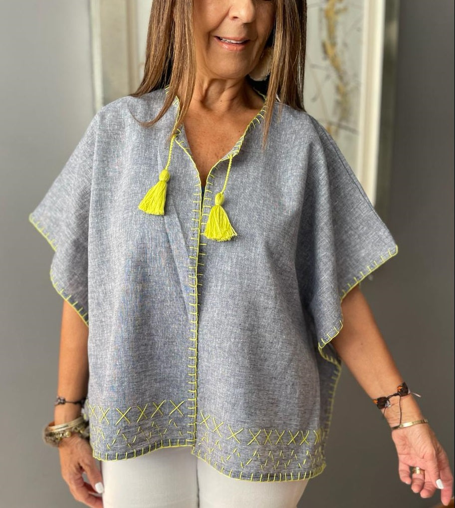 Saco Corto Lino Mezclilla Bordado